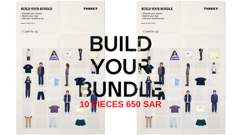 Promotional graphic for a clothing bundle offer by THREE, showing two tall poster-style panels with small illustrated outfits arranged in a grid, overlaid with large black text reading 'BUILD YOUR BUNDLE' and red text reading '10 PIECES 650 SAR'.